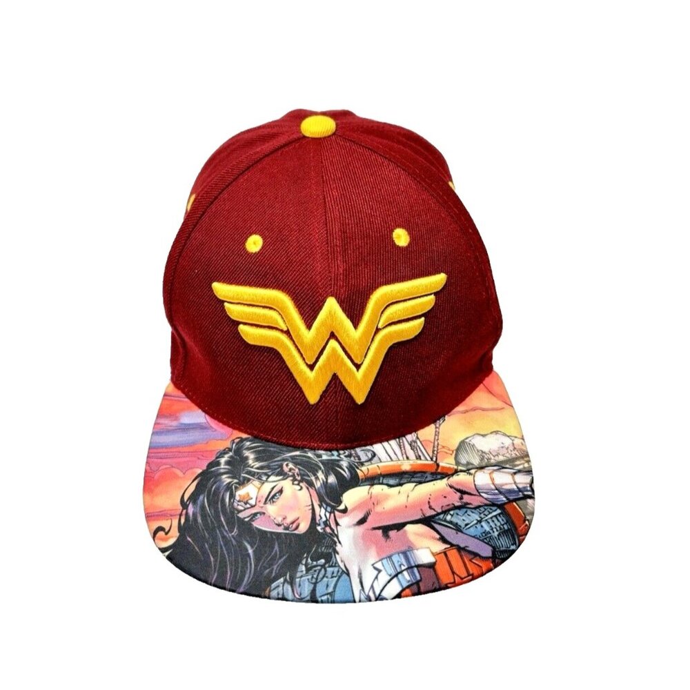 Wonder Woman Hat Red Marvel Snapback Cap by Six Flags GUC With Comic Book Design